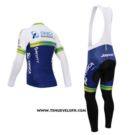 2014 Maillot Ciclismo Orica GreenEDGE Blanc et Bleu Manches Longues et Cuissard